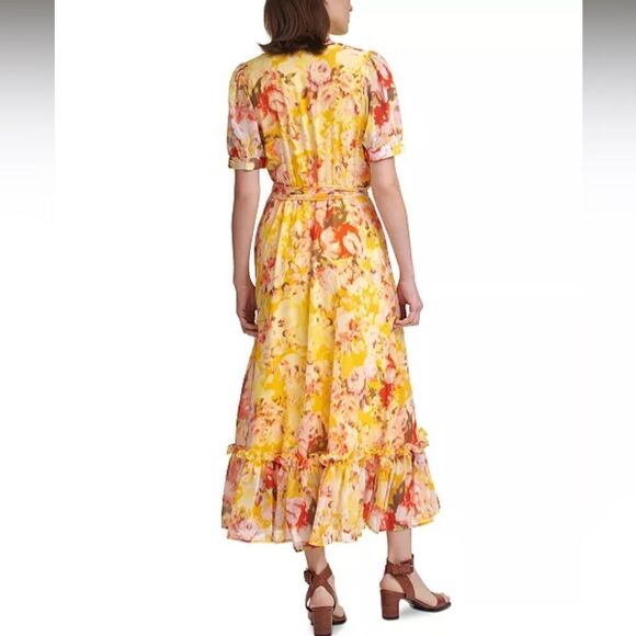 Calvin Klein Fall Pallet Chiffon Maxi Dress yellow Floral Print size 6 - Picture 2 of 7